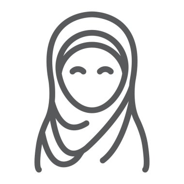 Başörtüsü çizgi simgesi, ramazan ve İslam, Müslüman kadın işareti, vektör grafikleri, beyaz arkaplan üzerinde doğrusal desen, 10 puan.