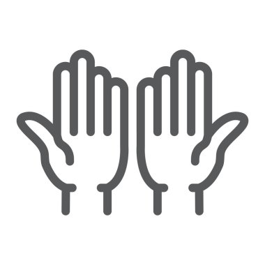 İslami dua çizgisi simgesi, İslam ve din, dua el işareti, vektör grafikleri, beyaz arka planda doğrusal desen, 10 birim.