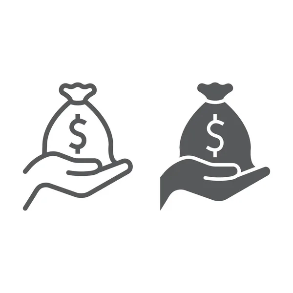 Ligne d'investissement et icône de glyphe, affaires et finances, sac d'argent sur signe, graphiques vectoriels, un motif linéaire sur un fond blanc, eps 10 . — Image vectorielle