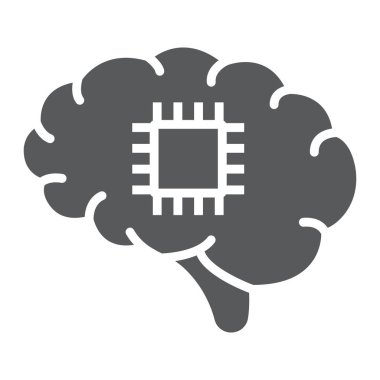 Çip sembollü beyin, teknoloji ve beyin, nöroçip işareti, vektör grafikleri, beyaz arka planda katı bir kalıp, 10 birim..