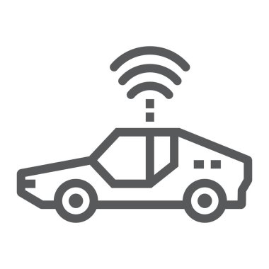 Özerk otomobil çizgisi simgesi, teknoloji ve gelecekteki araba, otomatik sürüş işareti, vektör grafikleri, beyaz arka planda doğrusal desen, 10 birim..