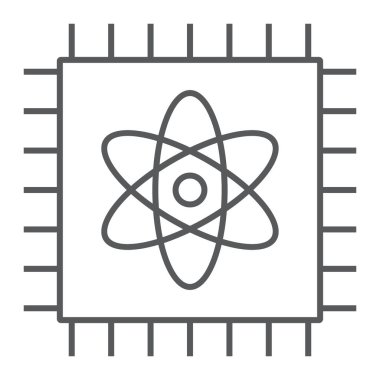 Kuantum hesaplama ince çizgi simgesi, teknoloji ve işlemci, atom işaretli çip, vektör grafikleri, beyaz arkaplan üzerinde doğrusal desen, 10.