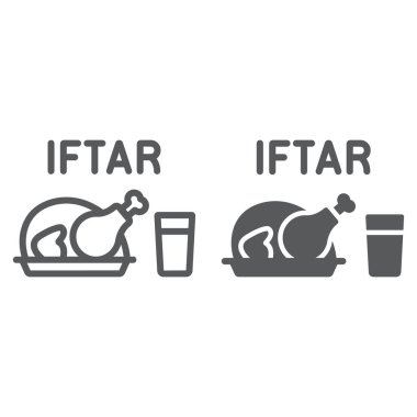 Ramazan iftar hattı ve glyph simgesi, ramazan ve islam, müslüman yemek işareti, vektör grafikleri, beyaz arka planda doğrusal desen, 10.