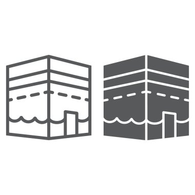 Kabe 'nin Mekke hattı ve sembolü, ramazan ve din, Mekke camii tabelası, vektör grafikleri, beyaz arka planda doğrusal desen, 10 puan..