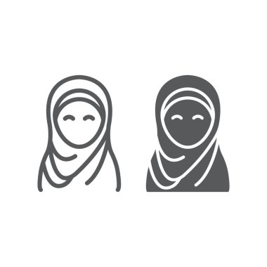 Başörtüsü çizgisi ve simge simgesi, ramazan ve İslam, Müslüman kadın işareti, vektör grafikleri, beyaz arka planda doğrusal desen, 10 birim.