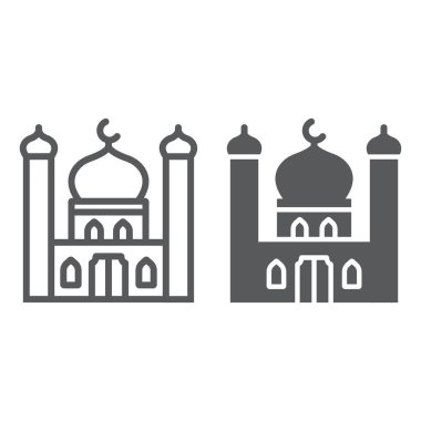 Cami çizgisi ve simge simgesi, ramazan ve islam, İslami yapı işareti, vektör grafikleri, beyaz arka planda doğrusal desen, 10 birim..