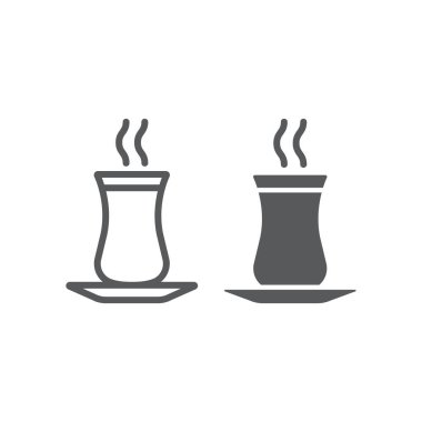 Türk çay hattı ve glyph ikonu, ramazan ve islam, İslami çay işareti, vektör grafikleri, beyaz arka planda doğrusal desen, 10.