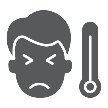 Termometre glifli hasta adam, virüs ve mikroorganizma, covid 19 işareti, vektör grafikleri, beyaz arka planda katı bir desen,.