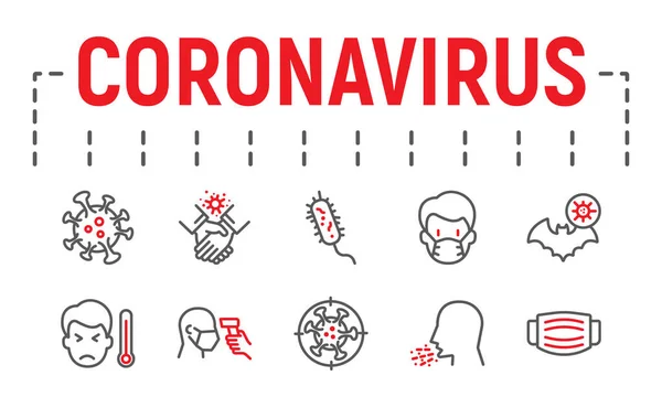 Conjunto de iconos de línea de Coronavirus, colección de símbolos de enfermedad, bocetos vectoriales, ilustraciones de logotipos, iconos covid 19, paquete de pictogramas lineales de signos epidémicos aislados sobre fondo blanco . — Vector de stock