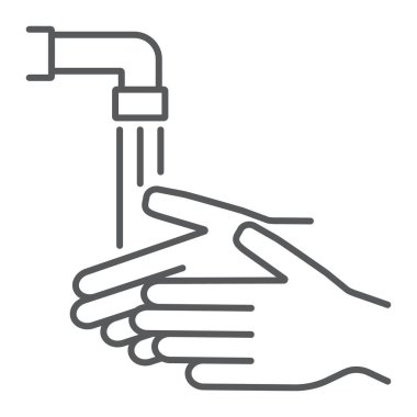 Ellerinizi ince çizgi simgesini, çamaşır yıkama ve hijyeni, el yıkama işaretini, vektör grafiklerini, beyaz arka planda doğrusal desenleri yıkayın..