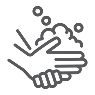 Sabun hattı ikonu, yıkama ve hijyen ile ellerini yıkamak, ellerini yıkamak, işaretler, vektör grafikleri, beyaz arka planda doğrusal bir desen,.