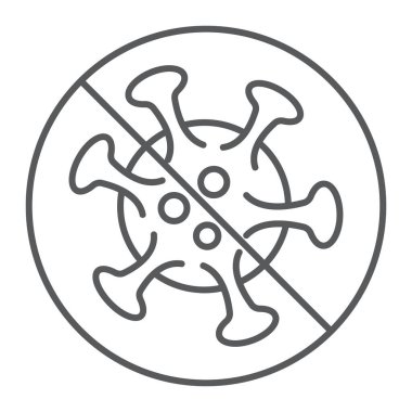 Coronavirus, ince çizgi simgesini, virüsü ve tehlikeyi yasakla, koronavirüsü durdur, vektör grafiklerini durdur, beyaz arkaplanda doğrusal bir desen, 10 saniye.