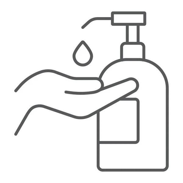Desinficering tvål med handen tunn linje ikon, tvätt och hygien, hand tvål tecken, vektor grafik, ett linjärt mönster på en vit bakgrund, eps 10. — Stock vektor
