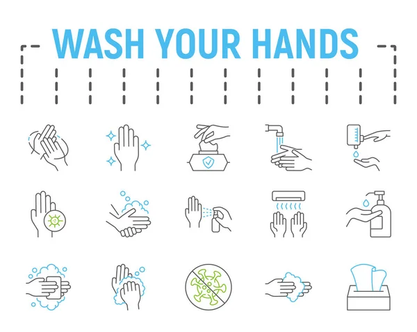 Wash your hands line icon set, health symbols collection, vector sketches, logo illustrations, hygiene icons, stop coronavirus signs linear pictograms package isolated on white background. — Stock Vector