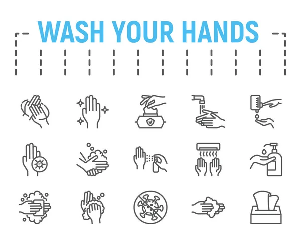Waschen Sie Ihre Hände dünne Linie Symbolset, Gesundheit Symbolsammlung, Vektorskizzen, Logo-Illustrationen, Hygiene-Symbole, Stop Coronavirus Zeichen lineare Piktogramme Paket isoliert auf weißem Hintergrund. — Stockvektor