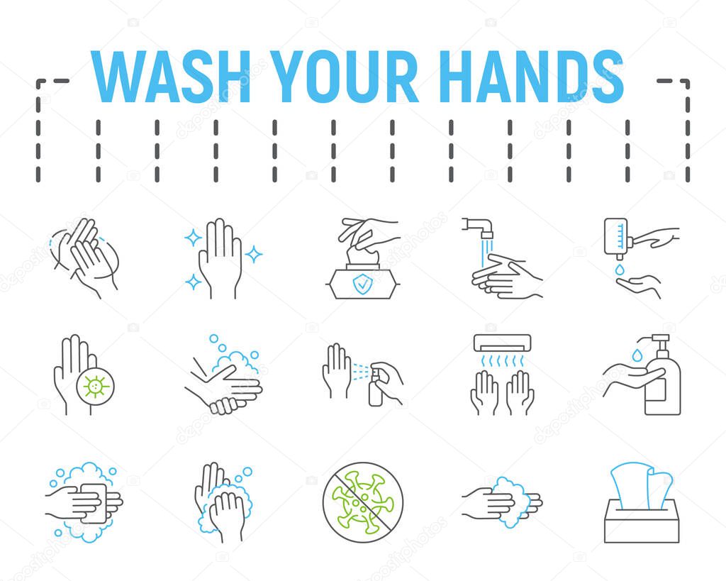 Wash your hands line icon set, health symbols collection, vector sketches, logo illustrations, hygiene icons, stop coronavirus signs linear pictograms package isolated on white background