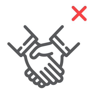 El sıkışma çizgisi simgesi, koronavirüs ve mikroorganizma, bulaşıcı el sıkışma işareti, vektör grafikleri, beyaz arka planda doğrusal desen, 10 birim.