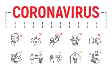 Coronavirus çizgi simgesi seti, hastalık sembolleri koleksiyonu, vektör çizimleri, logo illüstrasyonları, covid 19 simgeleri, salgın işaretleri beyaz arkaplanda izole edilmiş doğrusal piktogramlar paketi.