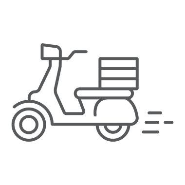 Yiyecek teslimatı ince çizgi ikonu, pizza motosikleti ve araç, scooter işareti, vektör grafikleri, beyaz arka planda doğrusal desen, 10 birim eder..