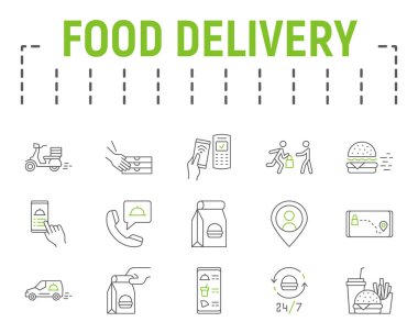 Gıda dağıtım renk çizgisi simgesi seti, fast food sembolleri koleksiyonu, vektör çizimleri, logo illüstrasyonları, yiyecek dağıtım servis simgeleri, hızlı dağıtım işaretleri pictogram paketi.