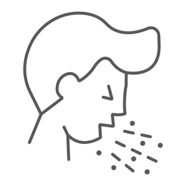 İnce öksürük çizgisi ikonu, koronavirüs ve grip, öksürük adam işareti, vektör grafikleri, beyaz arka planda doğrusal bir ikon, 10 puan..