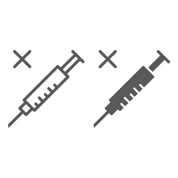 Немає лінії вакцин та гліфів, коронавірус та грип, знак шприца, векторна графіка, лінійна іконка на білому тлі, eps 10 . — стоковий вектор