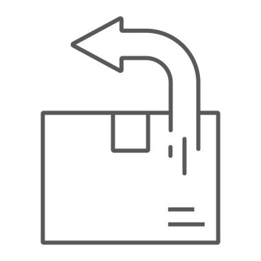 İnce satır simgesini, lojistik ve teslimatı, paket kutusu dönüş işareti vektör grafiklerini, beyaz arkaplandaki doğrusal simgeyi geri getir.