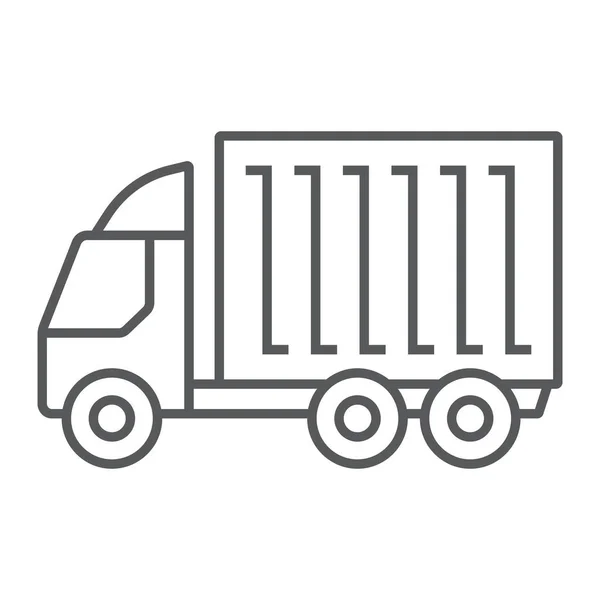 貨物トラックの細い線のアイコン、ロジスティクスと配信、配信トラックの標識ベクトルグラフィックス、白い背景に線形アイコン、 Eps 10. — ストックベクタ