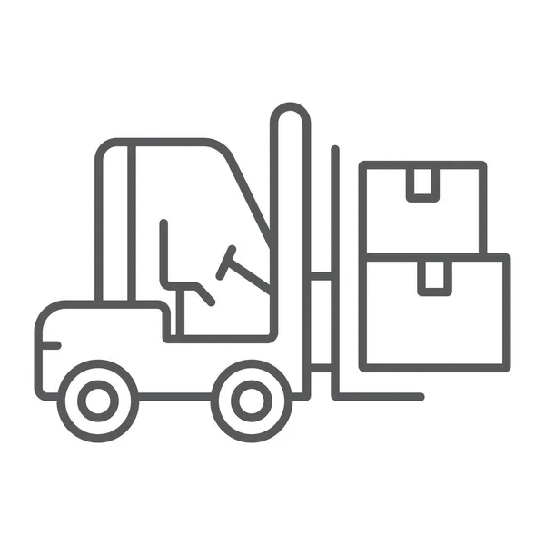 Chariot élévateur ligne mince icône, logistique et livraison, camion bendi avec des boîtes signes graphiques vectoriels, une icône linéaire sur un fond blanc, eps 10 . — Image vectorielle