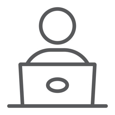 Dizüstü bilgisayar çizgisi simgesi, eğitim ve okul sahibi öğrenci, erkek işçi vektör grafikleri, beyaz arka planda doğrusal bir simge, 10 puan.