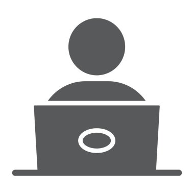 Dizüstü bilgisayar sembolü, eğitim ve okul olan öğrenci, erkek işçi vektör grafikleri imzaladı, beyaz arka planda sağlam bir simge, 10 puan..