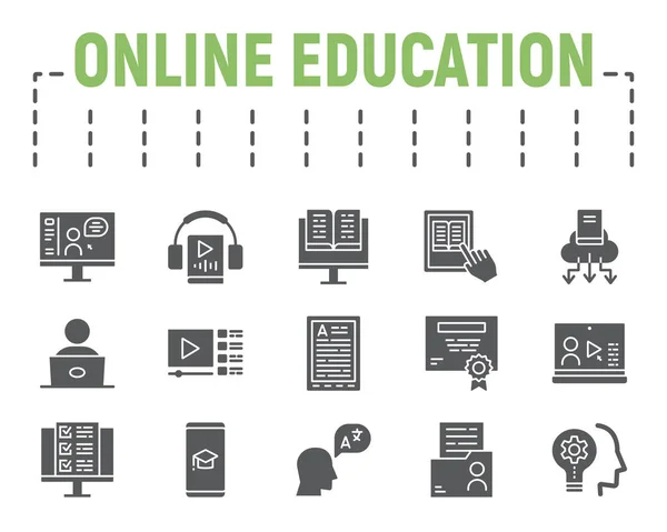 온라인 교육 글 리프 아이콘 세트, 거리 학습 심볼 컬렉션, 벡터 스케치, 로고 삽화, 온라인 학습 아이콘, — 스톡 벡터