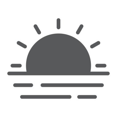 Günbatımı ve deniz dalgaları simgesi, yaz ve okyanus simgesi, günbatımı işareti vektör grafikleri, beyaz arkaplan üzerinde katı bir simge,.