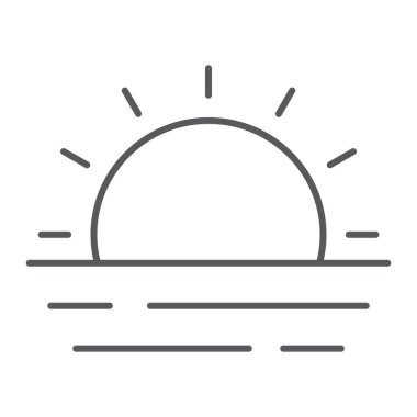 Günbatımı ve deniz dalgaları ince çizgi simgesi, yaz ve okyanus, günbatımı işaret vektör grafikleri, beyaz arkaplan üzerinde doğrusal bir simge, 10.