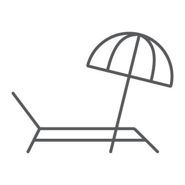 Şemsiye ve güneş ışığı ince çizgi ikonu, yaz ve güneş şemsiyesi, plaj yatağı vektör grafikleri, beyaz arkaplan üzerinde doğrusal bir ikon, 10.