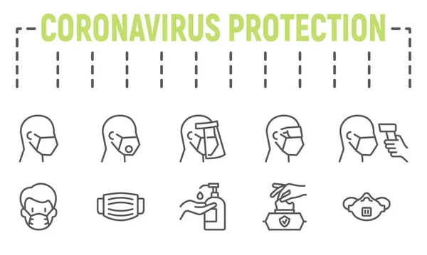 Набор иконок линии медицинской безопасности, сбор символов защиты от коронавируса, векторные эскизы, иллюстрации логотипа, значки защитного оборудования ковид-19, знаки медицинских масок линейные пиктограммы — стоковый вектор