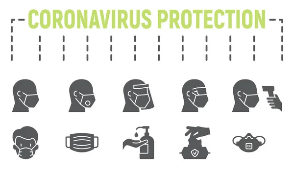 Equipos de seguridad médica conjunto de iconos de glifo, colección de símbolos de protección contra coronavirus, bocetos vectoriales, ilustraciones de logotipo, iconos de equipos de protección covid-19, signos de máscaras médicas pictogramas sólidos Ilustración De Stock