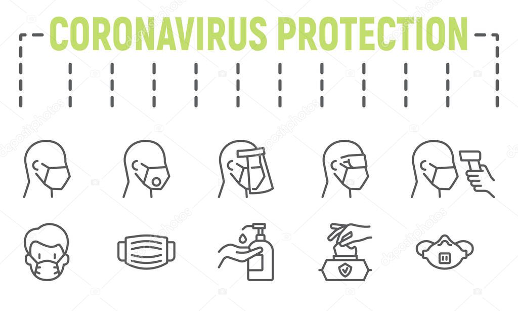Medical Safety equipments line icon set, coronavirus protection symbols collection, vector sketches, logo illustrations, covid-19 protection equipments icons, medical masks signs linear pictograms