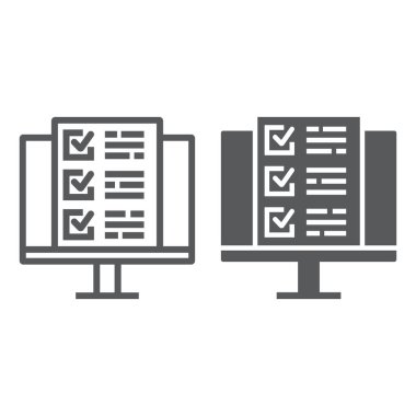 Çevrimiçi test satırı ve glyph simgesi, eğitim ve okul, kontrol listesi vektör grafikli montior, beyaz arkaplan üzerinde doğrusal bir simge, 10.