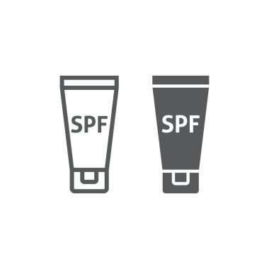 Güneş kremi çizgisi ve simge simgesi, uv koruması ve plaj, spf işareti vektör grafikleri, beyaz arkaplan üzerinde doğrusal simge, 10.