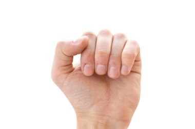 Beyaz bir arka plan ısırıldı parmak yakın çekim. Korkunç kötü bir elin parmaklarını ısırıldı. Stres. Sinirlilik. Alışkanlık. Depresyon. Kadar kan. Sakat. İzole