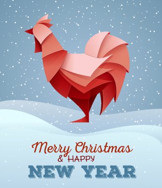 3d origami siluet horoz veya tavuk. Mutlu yeni yıl kartı 2017