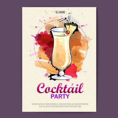Elle çizilmiş sanatsal kokteyl disko poster. Suluboya boya
