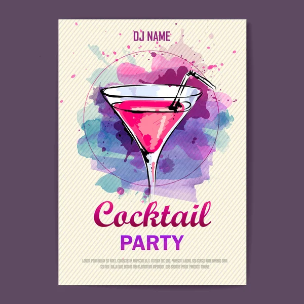 Hand drawn artistic cocktail disco poster. Watercolor paint — Stock Vector