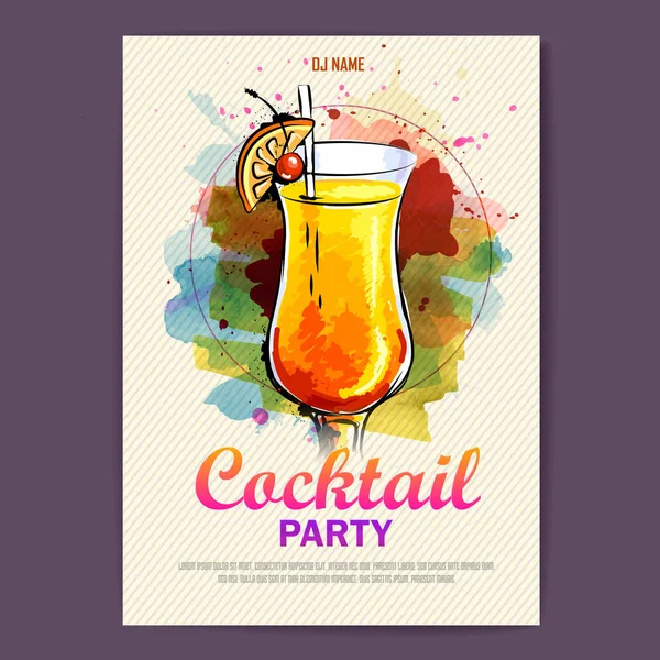 Hand drawn artistic cocktail disco poster. Watercolor paint — Stock Vector