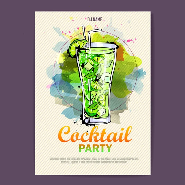 Afișul discografic al cocktail-ului artistic desenat manual. Vopsea de acuarelă — Vector de stoc