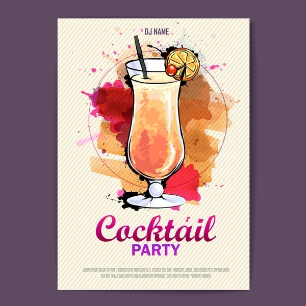 Hand drawn artistic cocktail disco poster. Watercolor paint — Stock Vector