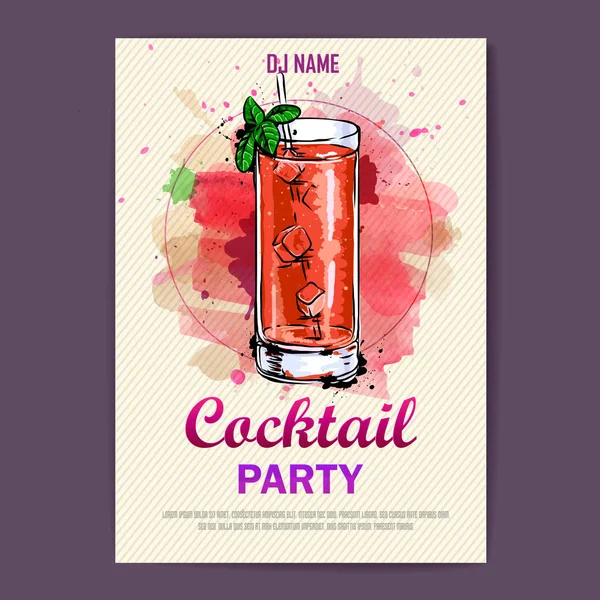 Artistico poster discoteca cocktail disegnato a mano. Pittura ad acquerello — Vettoriale Stock