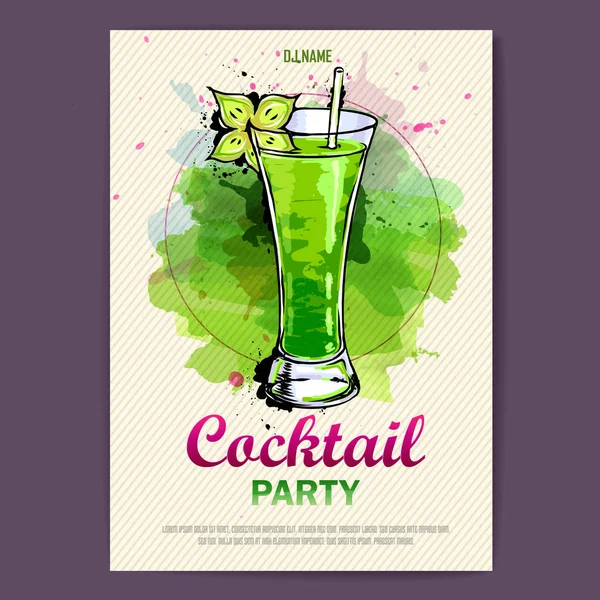 Hand drawn artistic cocktail disco poster. Watercolor paint — Stock Vector