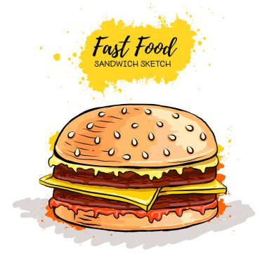 Çizilmiş Hamburger veya sandviç ver. Fast Food kroki